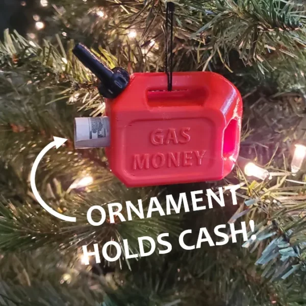 Gas can money ornaments designed by Ziggy Zig Designs is a fun way to gift money to anyone with a vehicle, used as a stocking stuffer, gag gift or white elephant gift.