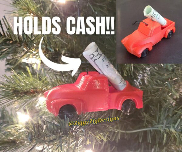 Christmas truck money ornaments designed by Ziggy Zig Designs is a fun way to gift money to any Christmas lover, used as a stocking stuffer, gag gift or white elephant gift.