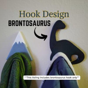 A Brontosaurus coat hook designed to hang sweatshirts, jackets and towels created by Ziggy Zig Designs.