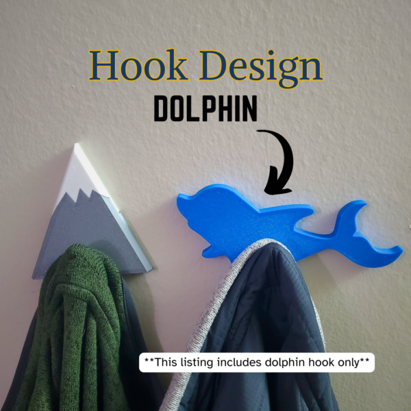 A Dolphin coat hook designed to hang sweatshirts, jackets and towels created by Ziggy Zig Designs.