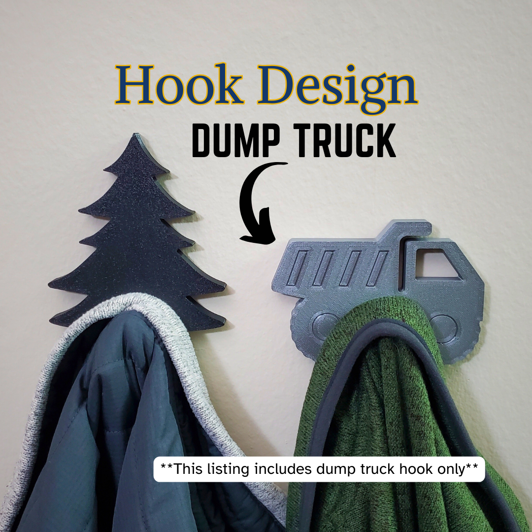 A Dump truck coat hook designed to hang sweatshirts, jackets and towels created by Ziggy Zig Designs.