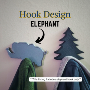 An elephant coat hook designed to hang sweatshirts, jackets and towels created by Ziggy Zig Designs.