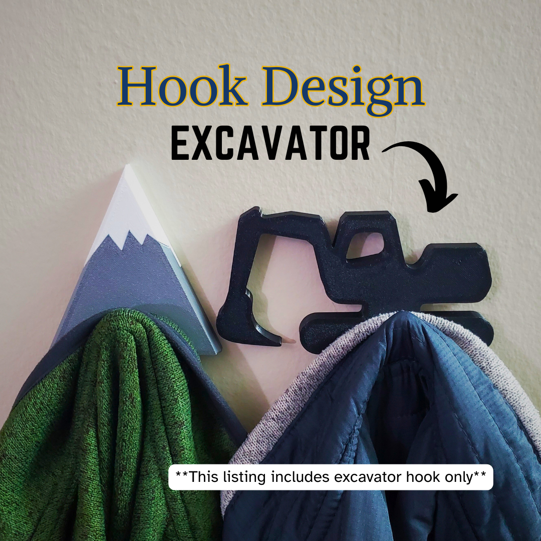 An Excavator coat hook designed to hang sweatshirts, jackets and towels created by Ziggy Zig Designs.