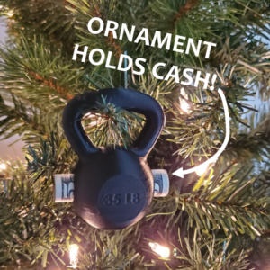 Gym money ornaments designed by Ziggy Zig Designs is a fun way to gift money to a gym goer, used as a stocking stuffer, gag gift or white elephant gift.