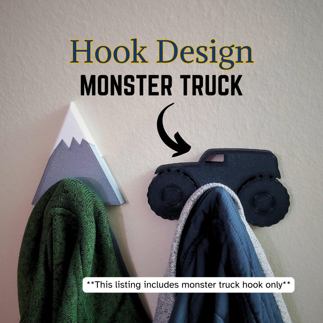 A coat hook designed as a monster truck to hang sweatshirts, jackets and towels created by Ziggy Zig Designs.