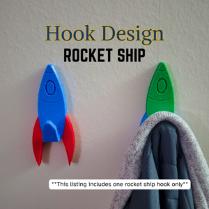 A Rocket Ship coat hook designed to hang sweatshirts, jackets and towels created by Ziggy Zig Designs.