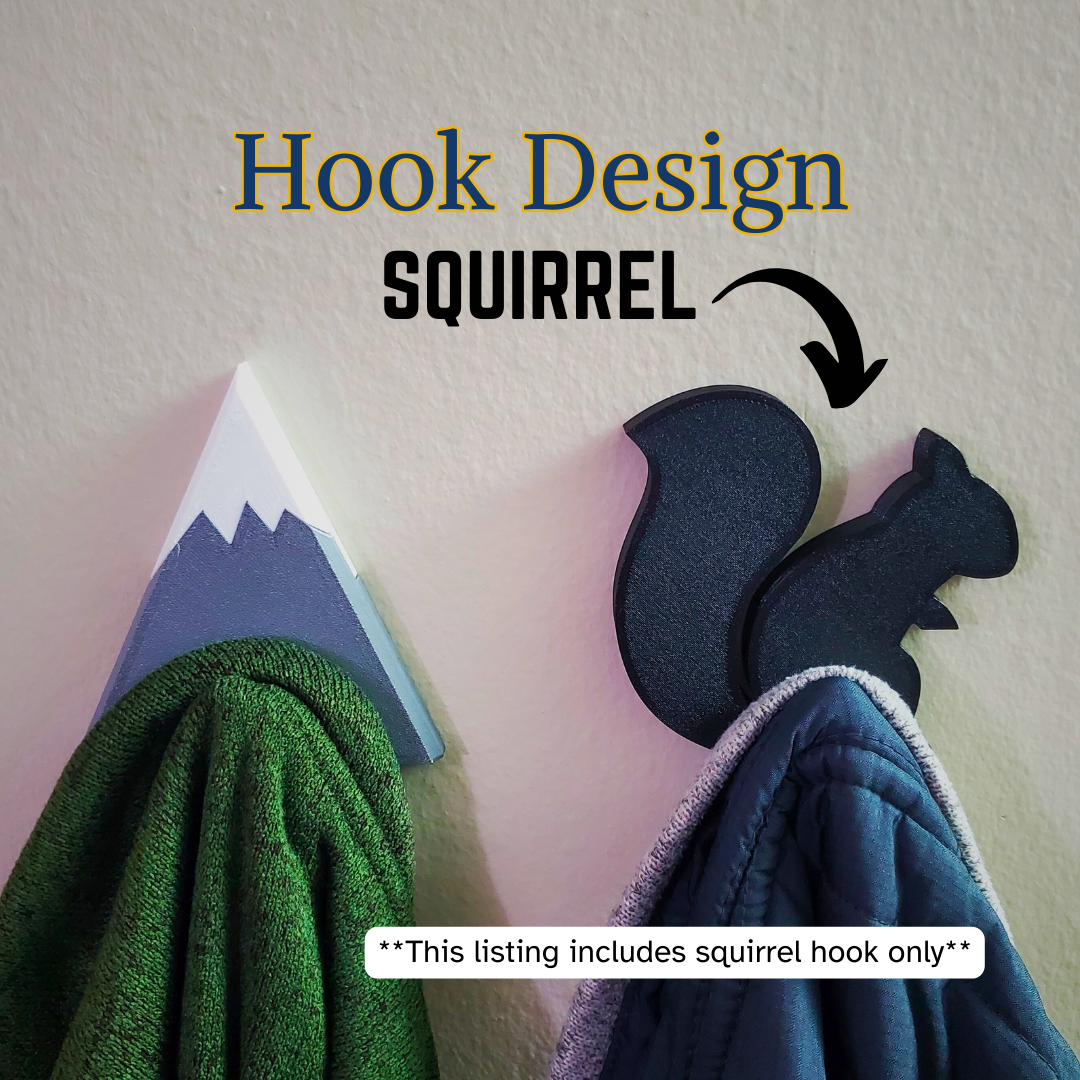 A Squirrel coat hook designed to hang sweatshirts, jackets and towels created by Ziggy Zig Designs.