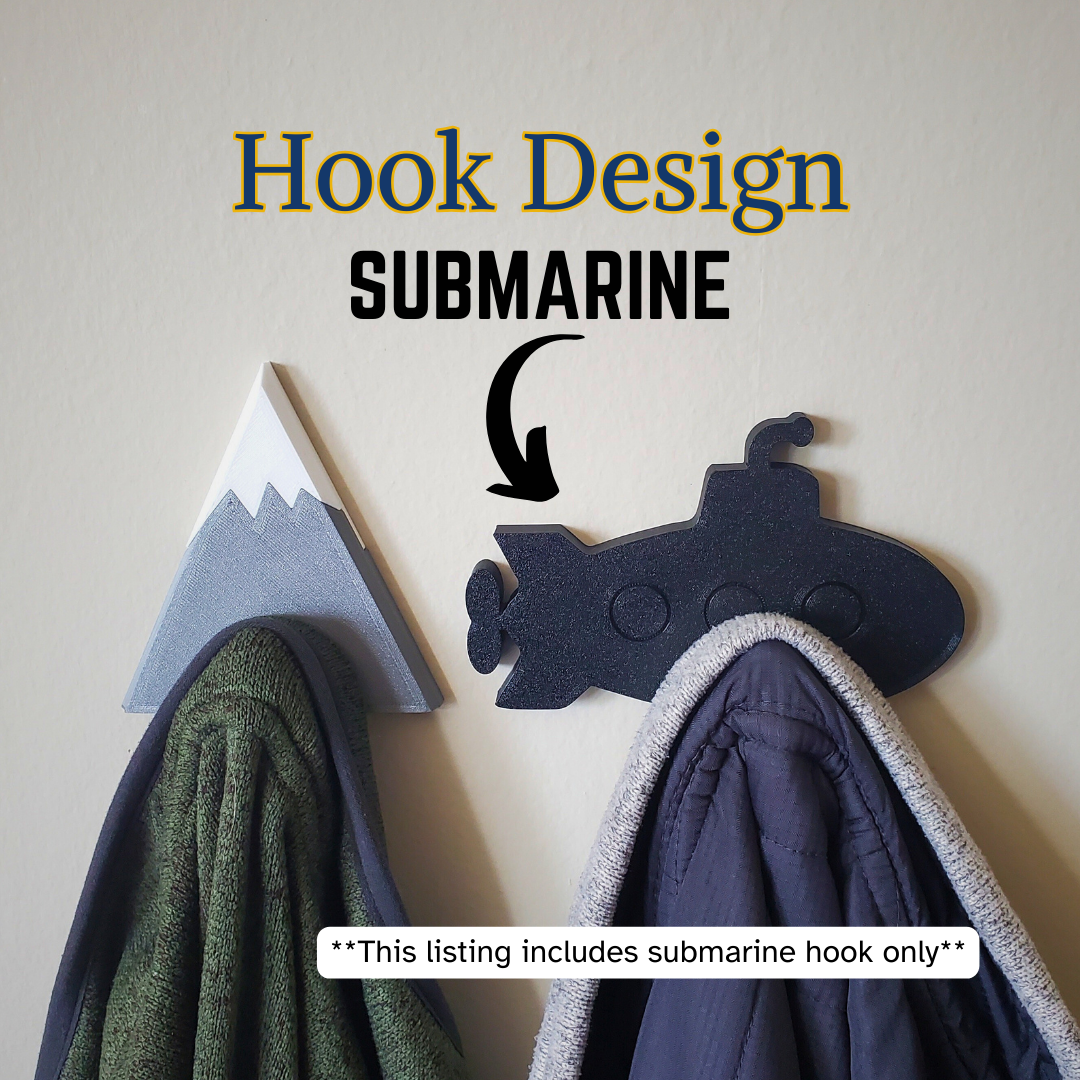A Submarine coat hook designed to hang sweatshirts, jackets and towels created by Ziggy Zig Designs.
