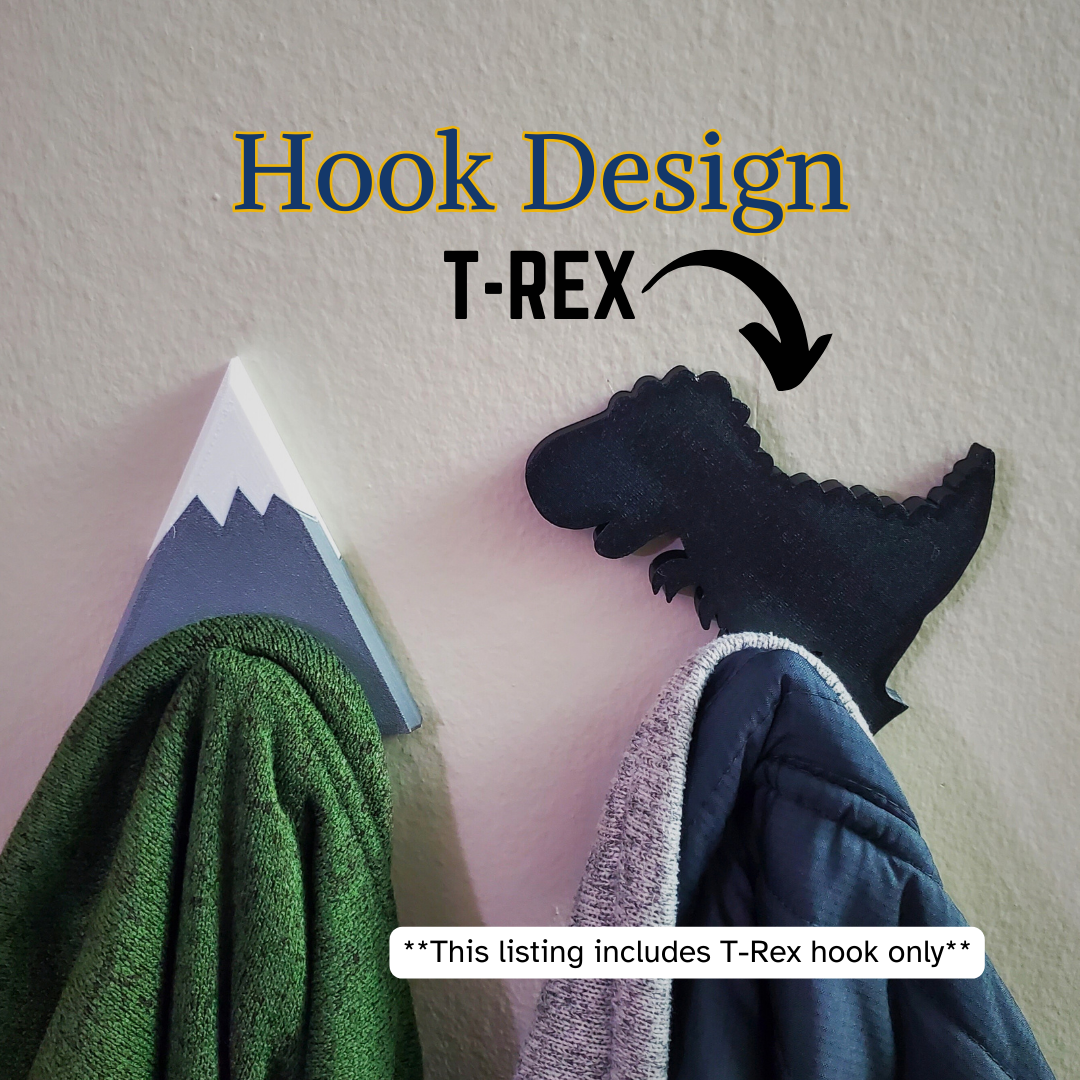 A T-Rex coat hook designed to hang sweatshirts, jackets and towels created by Ziggy Zig Designs.