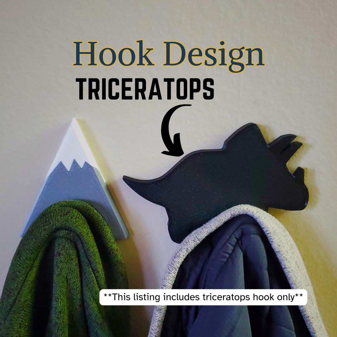A Triceratops coat hook designed to hang sweatshirts, jackets and towels created by Ziggy Zig Designs.