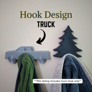A pickup truck coat hook designed to hang sweatshirts, jackets and towels created by Ziggy Zig Designs.