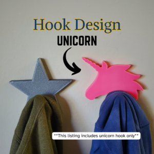 A Unicorn coat hook designed to hang sweatshirts, jackets and towels created by Ziggy Zig Designs.