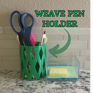 Modern weave designed pen holder for office to hold different office supplies in an organized fashion, including pens, scissors, markers, highlighters and many more items.