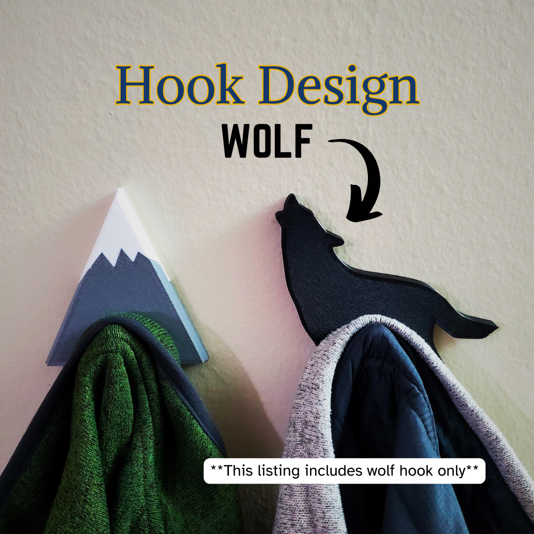 A wolf coat hook designed to hang sweatshirts, jackets and towels created by Ziggy Zig Designs.