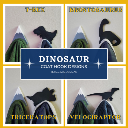 Dinosaur coat hooks designed by Ziggy Zig Designs as a decoration that can hold coats, jackets, sweatshirts and towels on a hook.