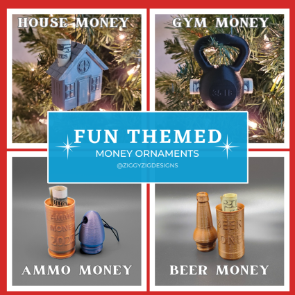 Fun themed money ornaments including house money, gym money, ammo money and beer money ornaments.