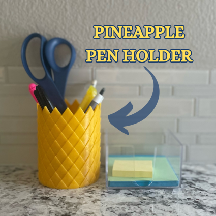 Pineapple designed pen holder for office to hold different office supplies in an organized fashion, including pens, scissors, markers, highlighters and many more items.