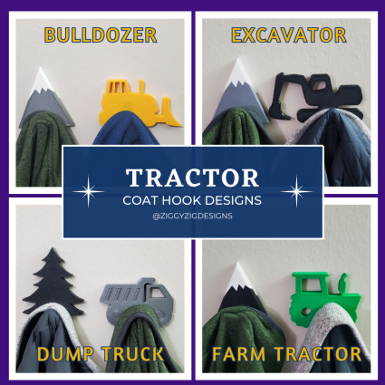 Tractor coat hooks designed by Ziggy Zig Designs as a decoration that can hold coats, jackets, sweatshirts and towels on a hook.
