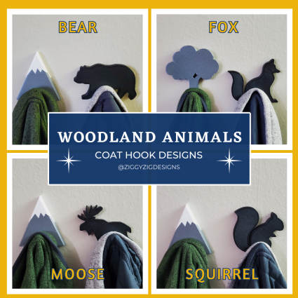Woodland animal coat hooks designed by Ziggy Zig Designs as a decoration that can hold coats, jackets, sweatshirts and towels on a hook.